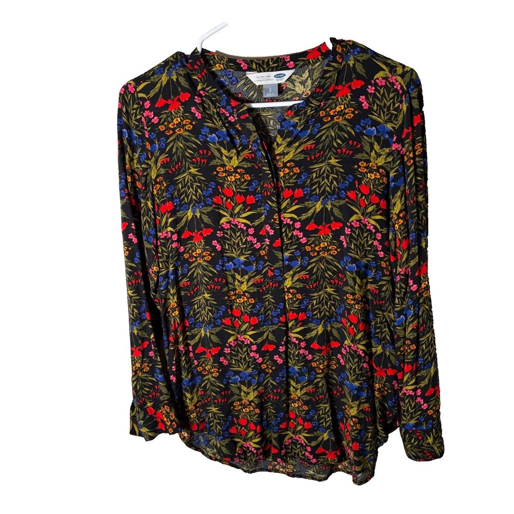 Old Navy Blouse Women's Small Black Floral The Tunic Shirt Lightweight